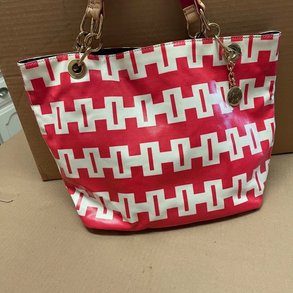 Tommy Hilfiger H Monogram Hot‎ Pink & White Commuter Bag Purse Tote NWOT